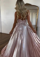 Edwina |A - Line Metallic Blush Long Prom Dress With Halter Neck Pleated Slit - Blush - PromDressClub